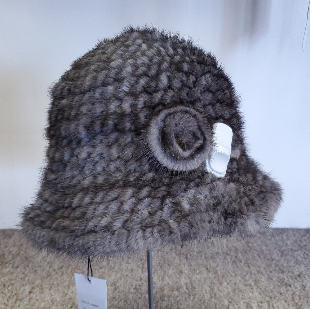 Knitted Mink Fur Hat with Rose